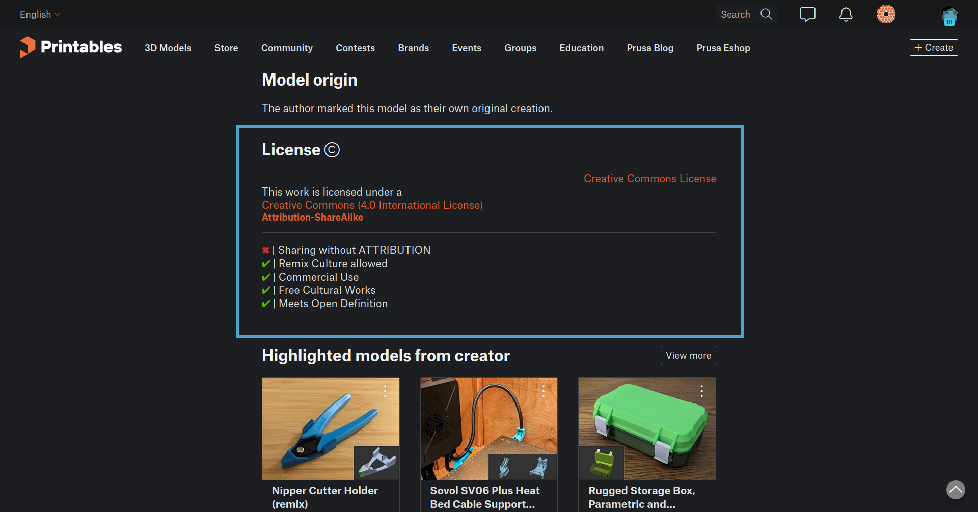 MP1584 case model license displayed on its Printables model page