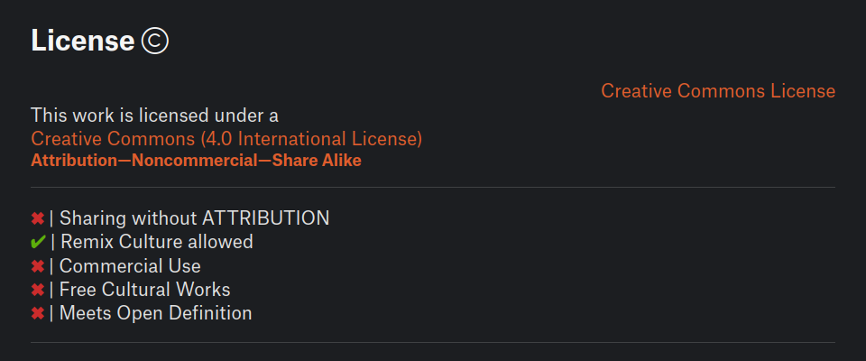 Creative Commons Attribution - Non-commercial - Share Alike license permissions. You may not sell copies or prints of this model without permission from the author. If you share the model, you must give credit to the author (for example, by linking to the model page).