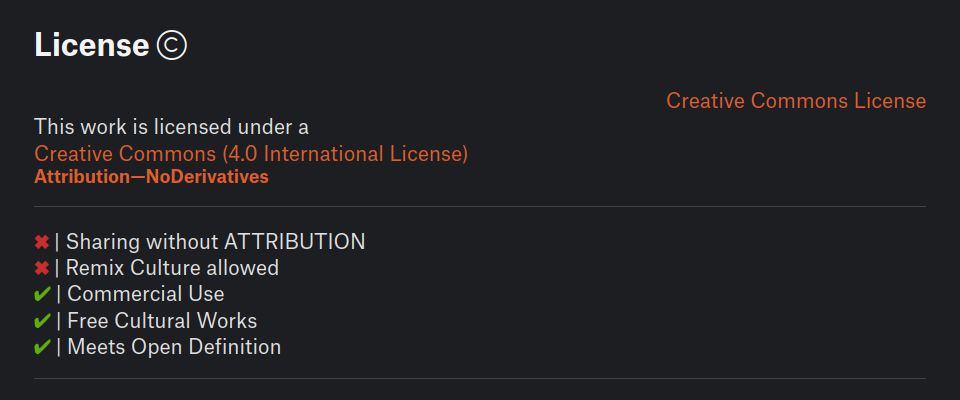 Creative Commons Attribution - No Derivatives license permissions. If you share the model, you must not make any changes to the model and you must give credit to the author (for example, by linking to the model page).