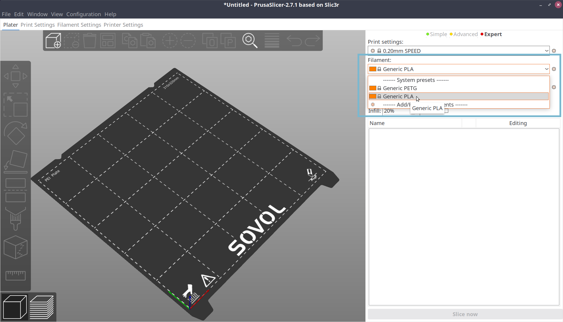 PrusaSlicer PLA material selection