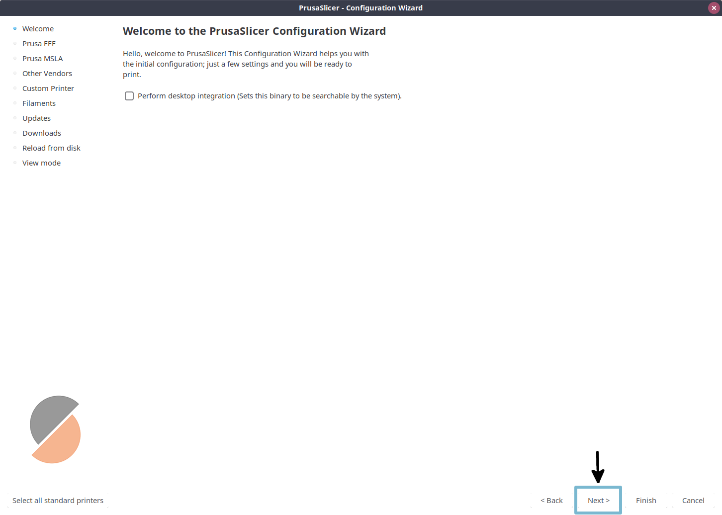 PrusaSlicer wizard welcome page