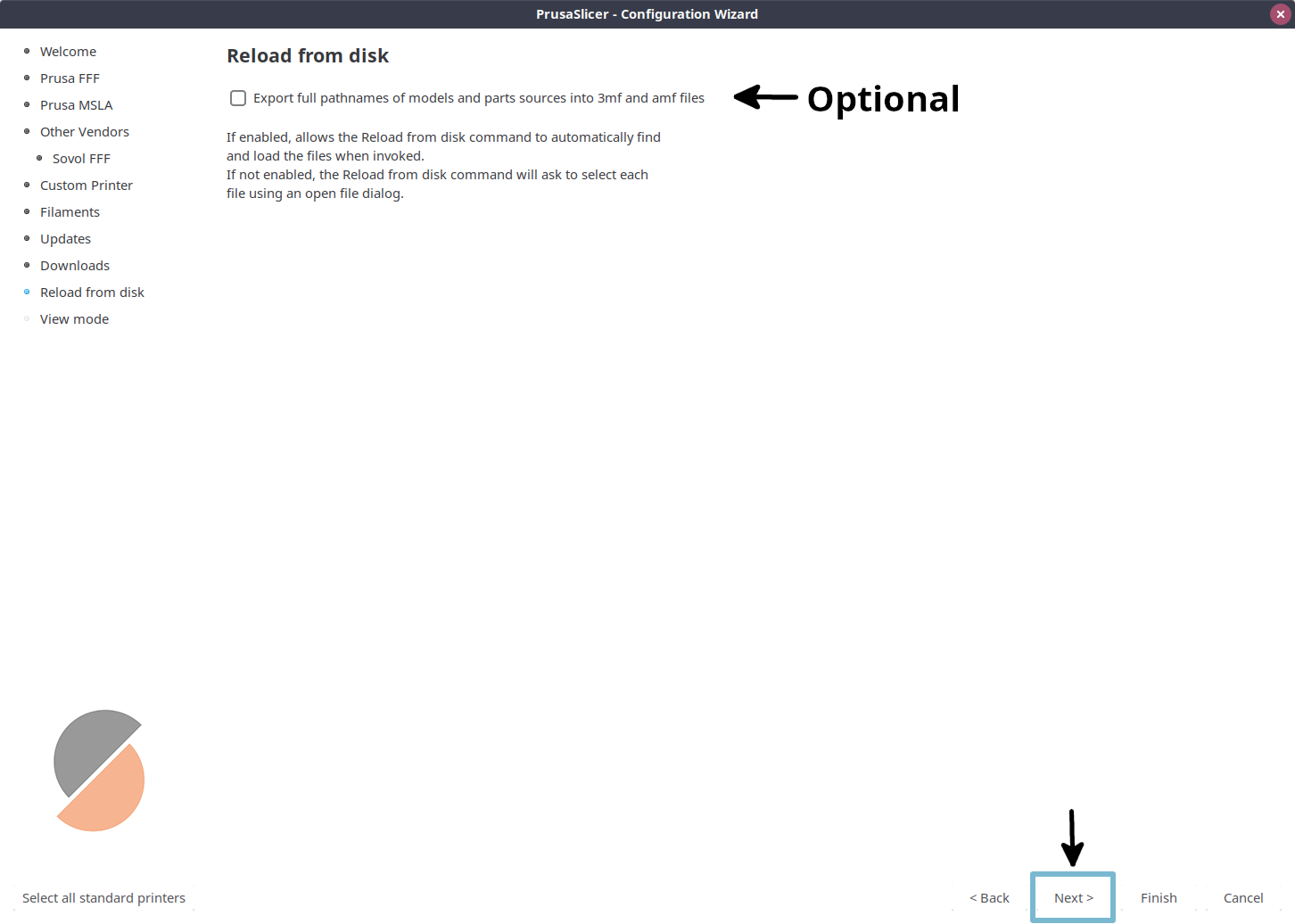 PrusaSlicer wizard reload from disk settings page