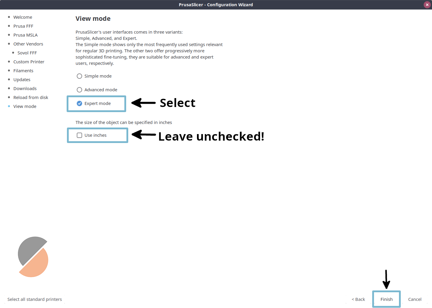 PrusaSlicer wizard view mode page