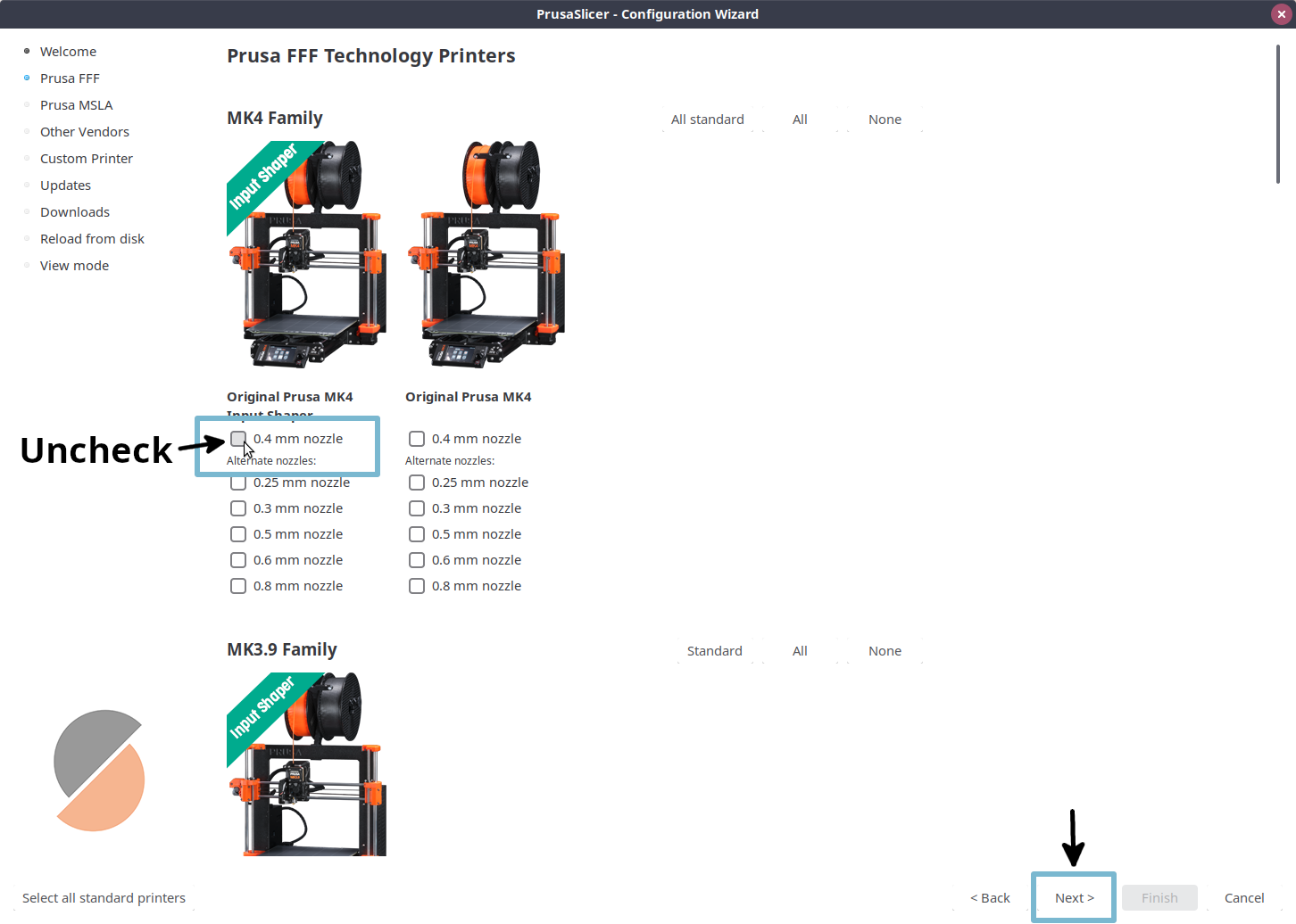 PrusaSlicer wizard Prusa FFF printers page