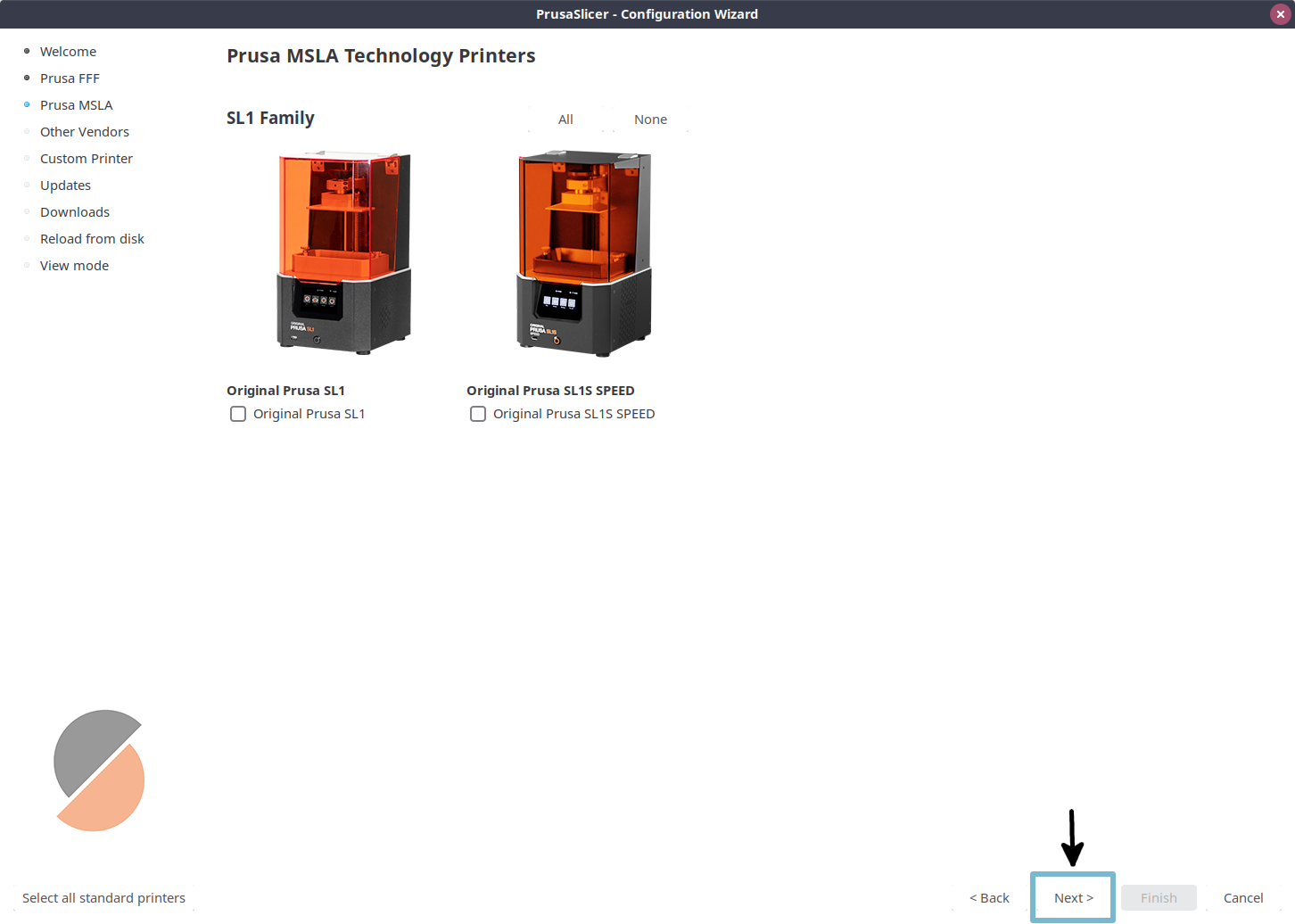 PrusaSlicer wizard Prusa SLA printers page