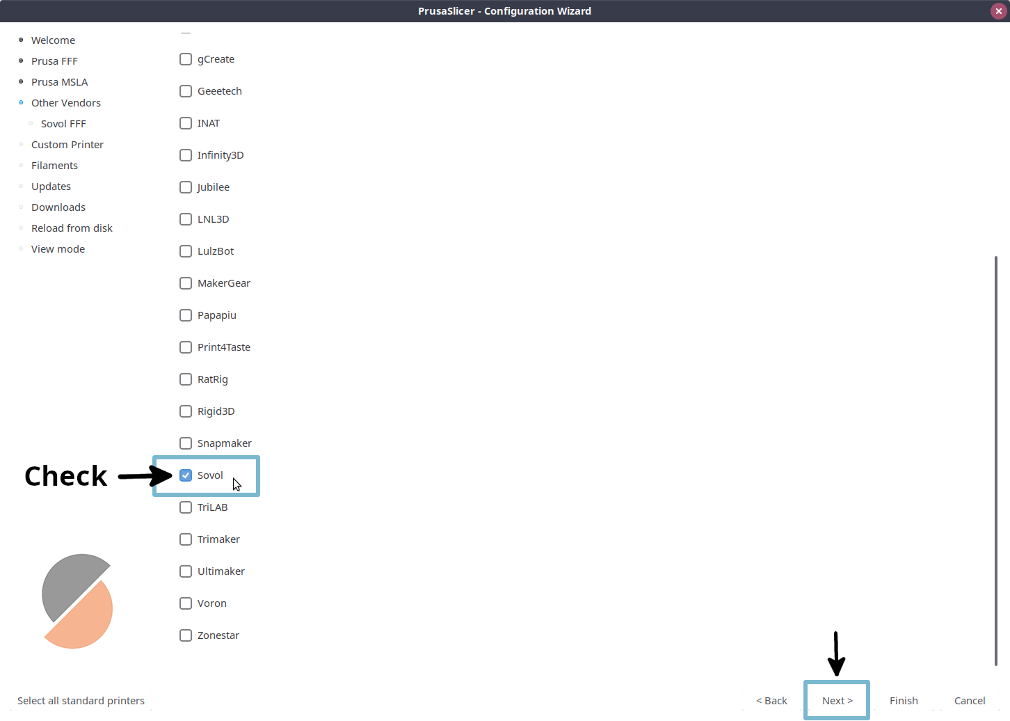 PrusaSlicer wizard printer vendors selection page