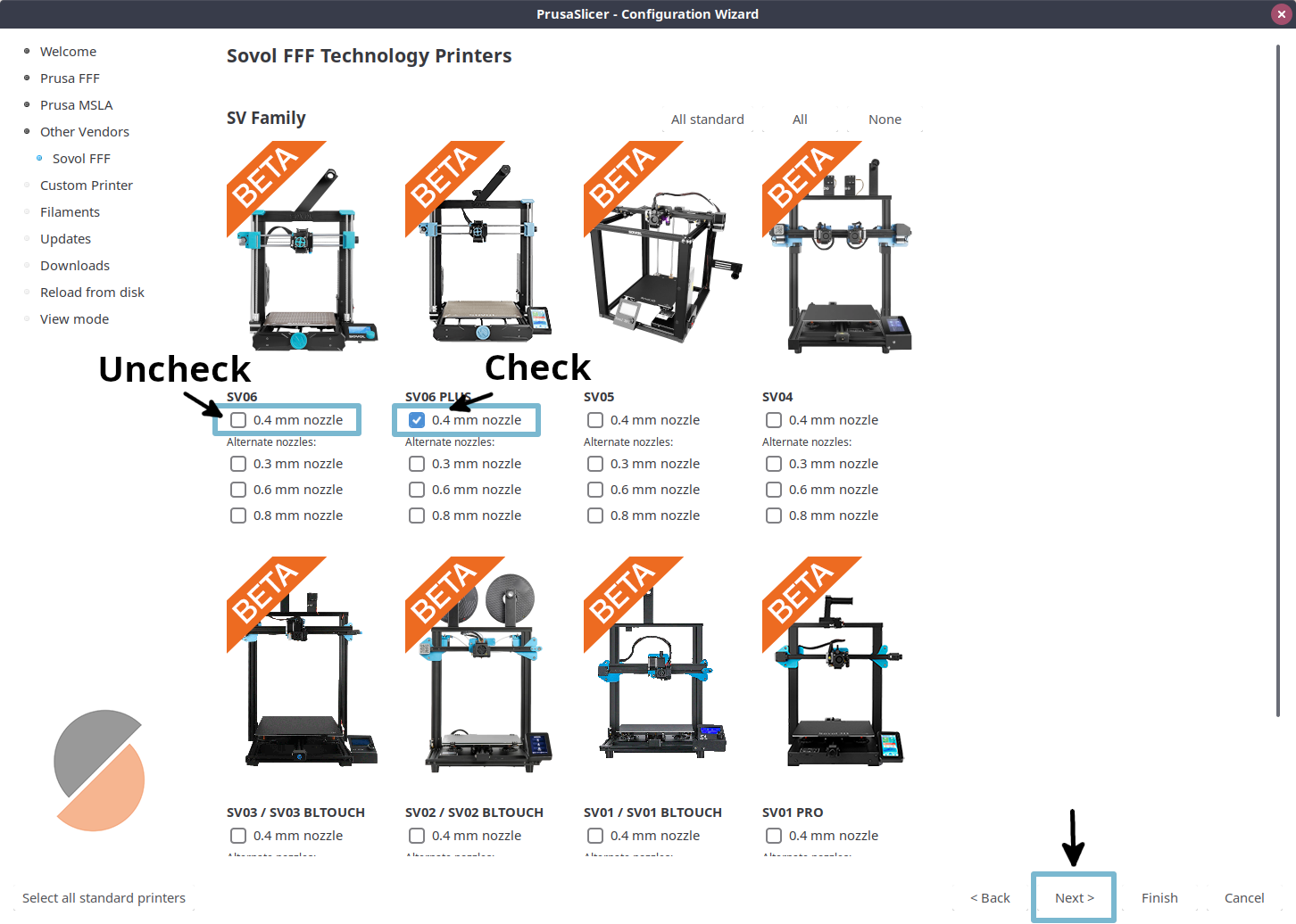 PrusaSlicer wizard Sovol printer presets page