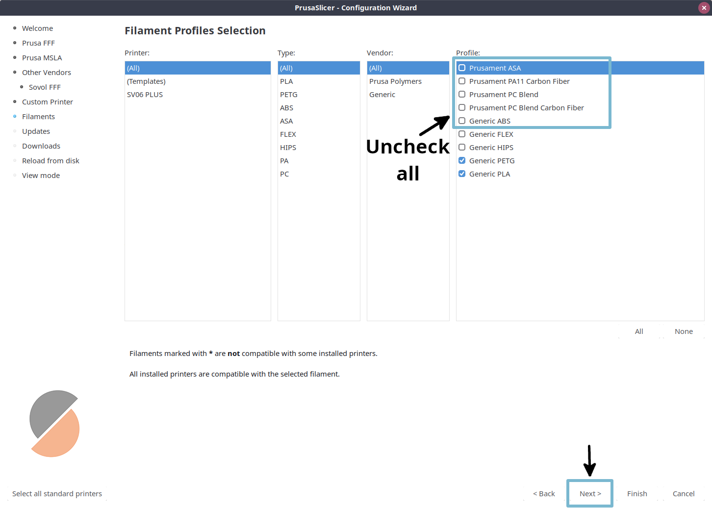 PrusaSlicer wizard filament profiles selection page