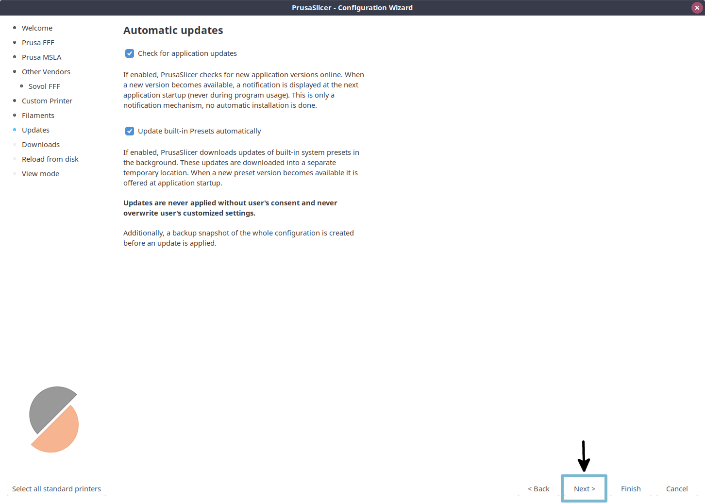 PrusaSlicer wizard automatic updates page