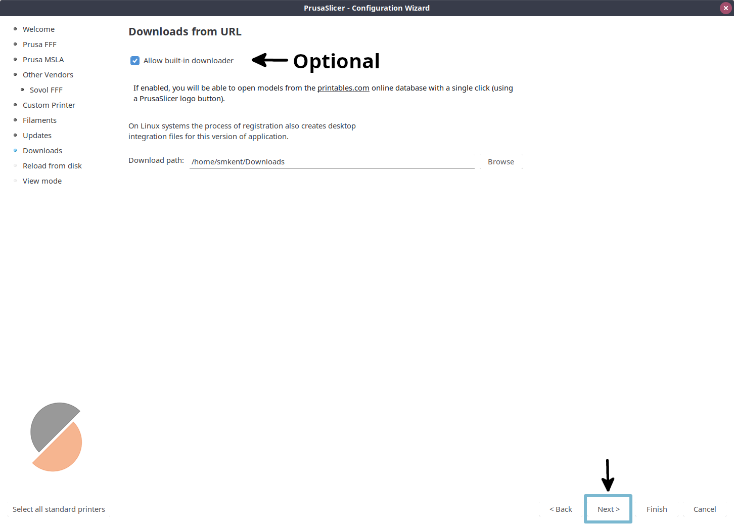 PrusaSlicer wizard download from URL settings page