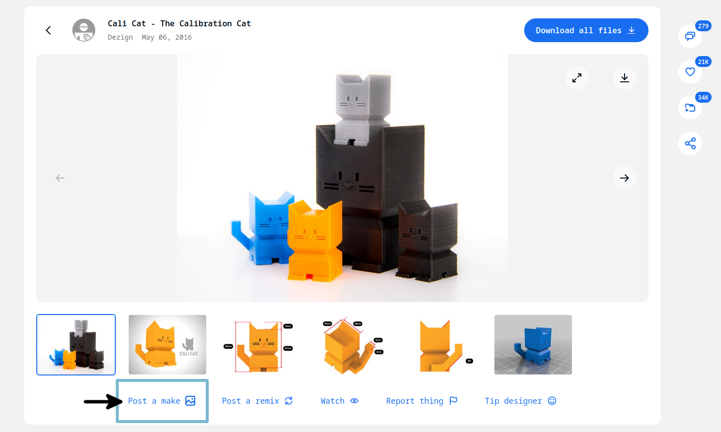 Post a make button on the Cali Cat model page on Thingiverse