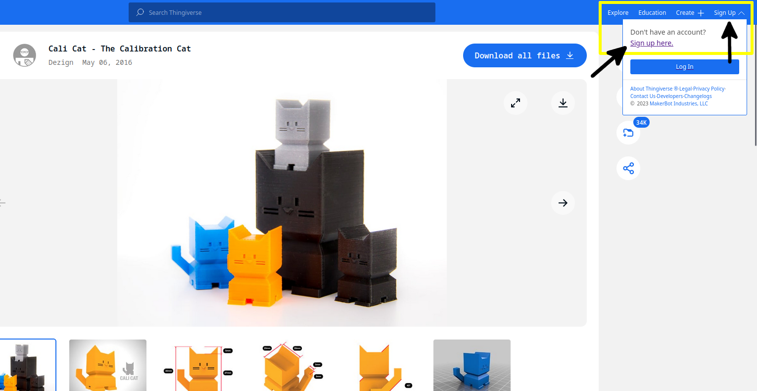Sign up menu and link on Thingiverse